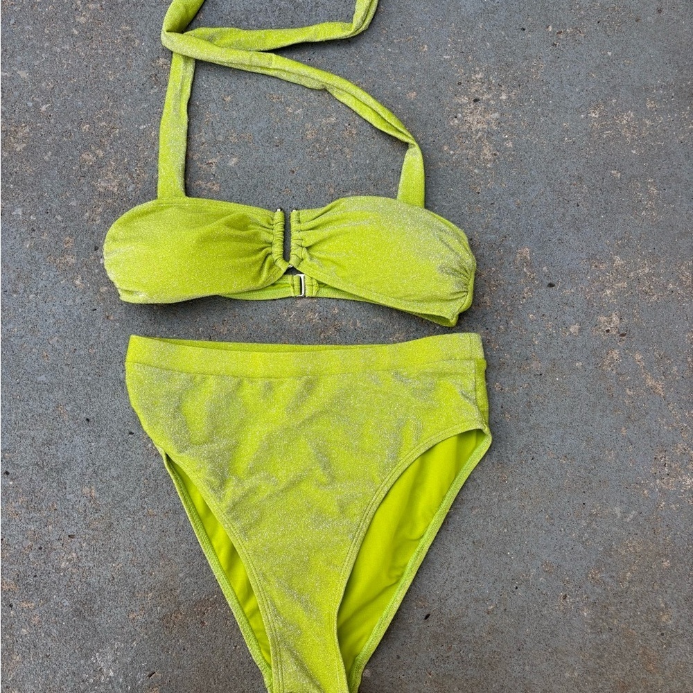 Pink Lily Lime Green Shimmery High-Waist Bikini Set